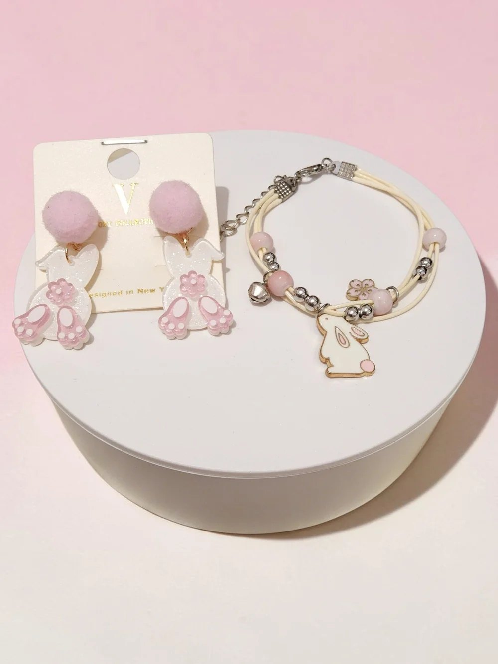 Pink Bunny Earring and Bracelet Set